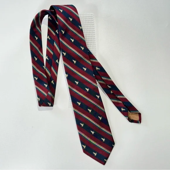 DAKS silk tie striped embroidered bird vintage prep - Picture 2 of 10